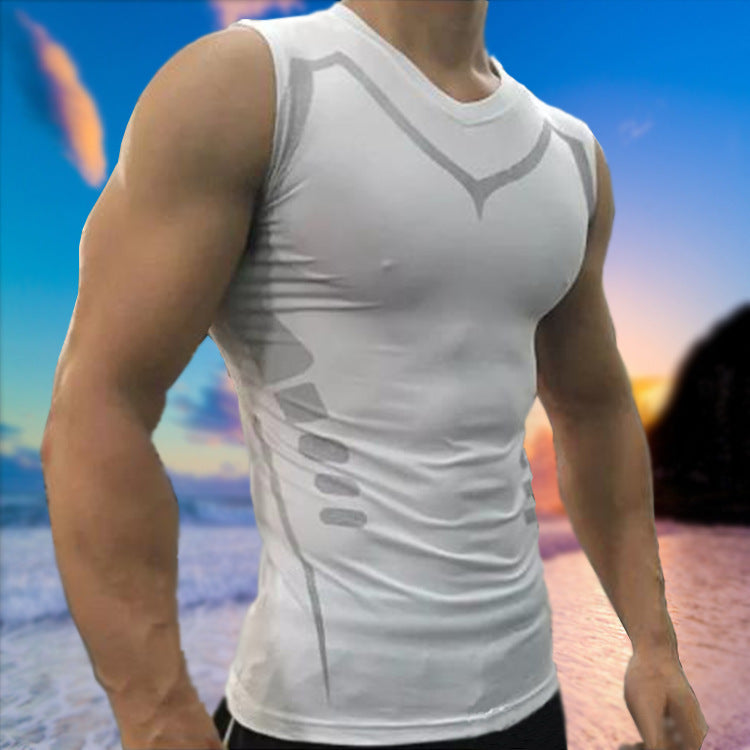 Athletic man wearing a fitted white compression sportswear tank top against an outdoor background.