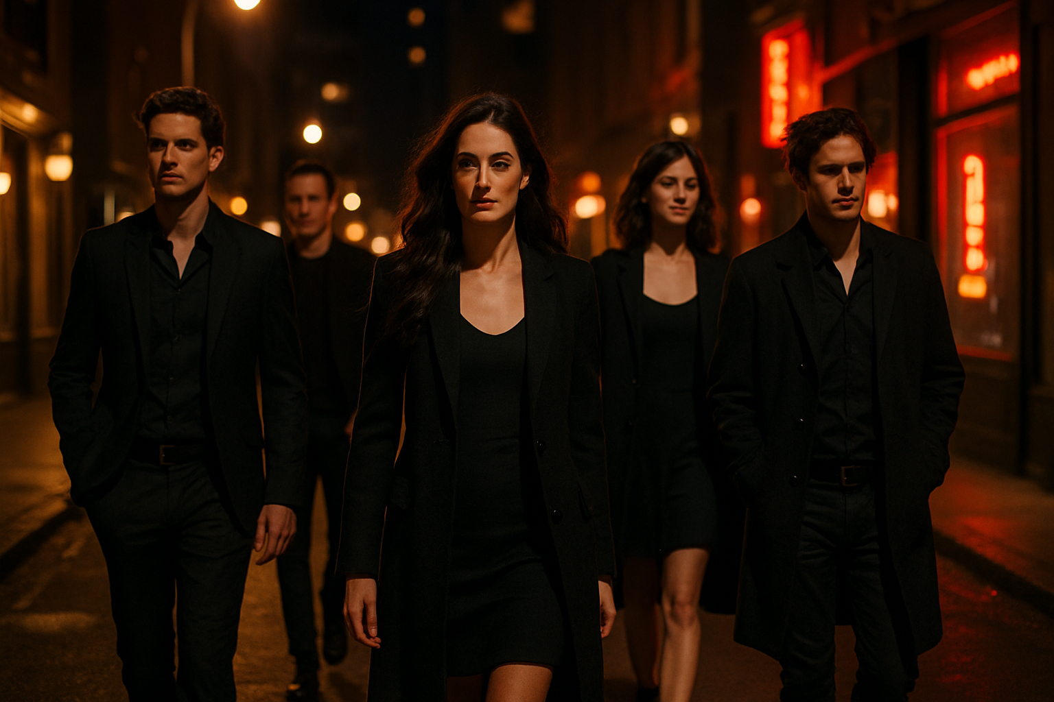 Group of models wearing stylish all-black outfits walking confidently at night