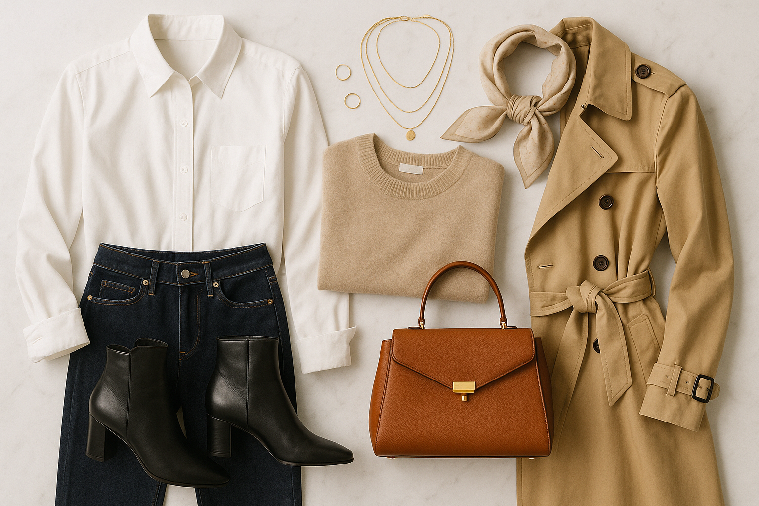 Flat lay fashion collection with sweater, handbag, jewelry, and jeans – stylish wardrobe essentials.