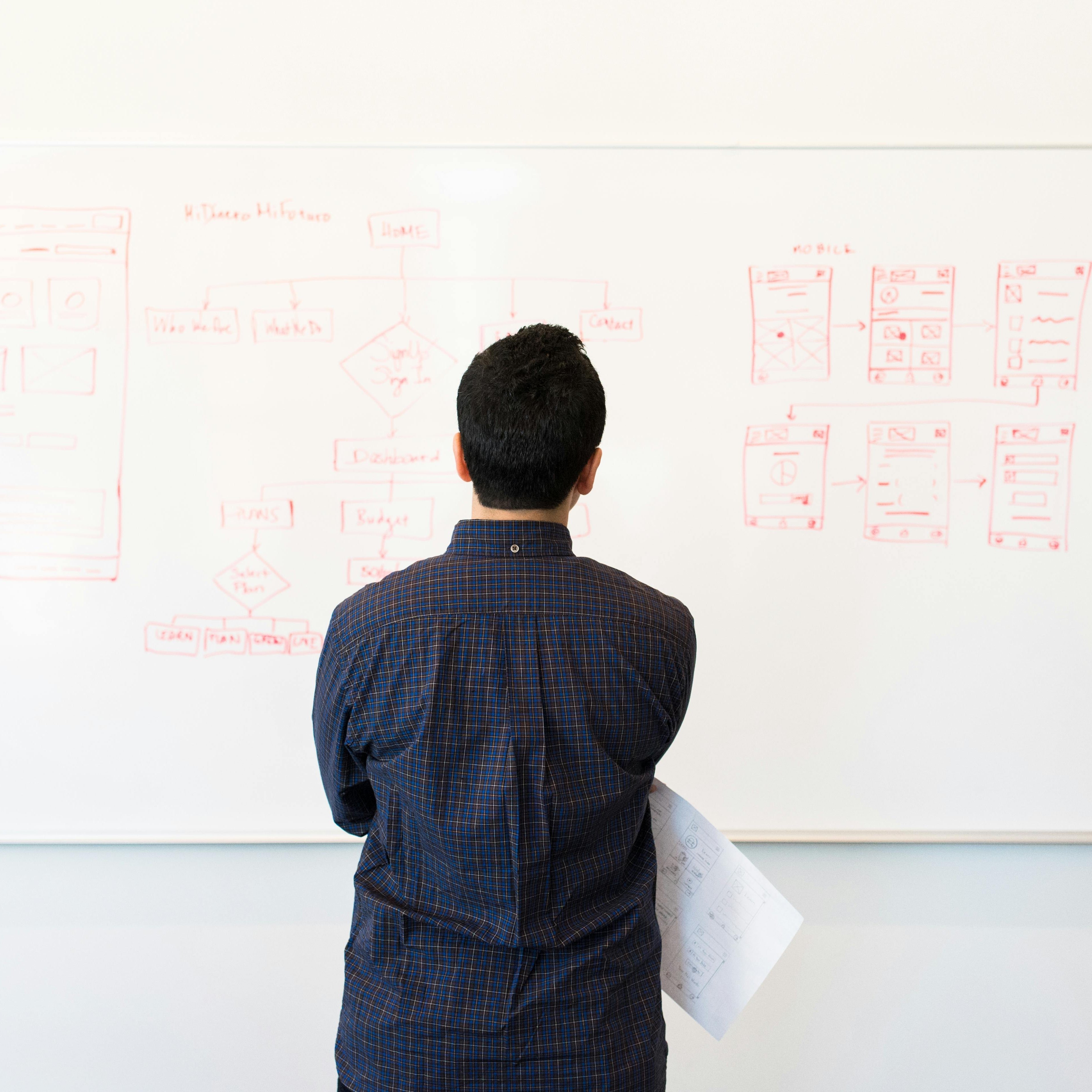 Man in office attire standing in front of a whiteboard with business diagrams, representing professional and modern workplace style.