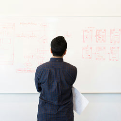 Man in office attire standing in front of a whiteboard with business diagrams, representing professional and modern workplace style.