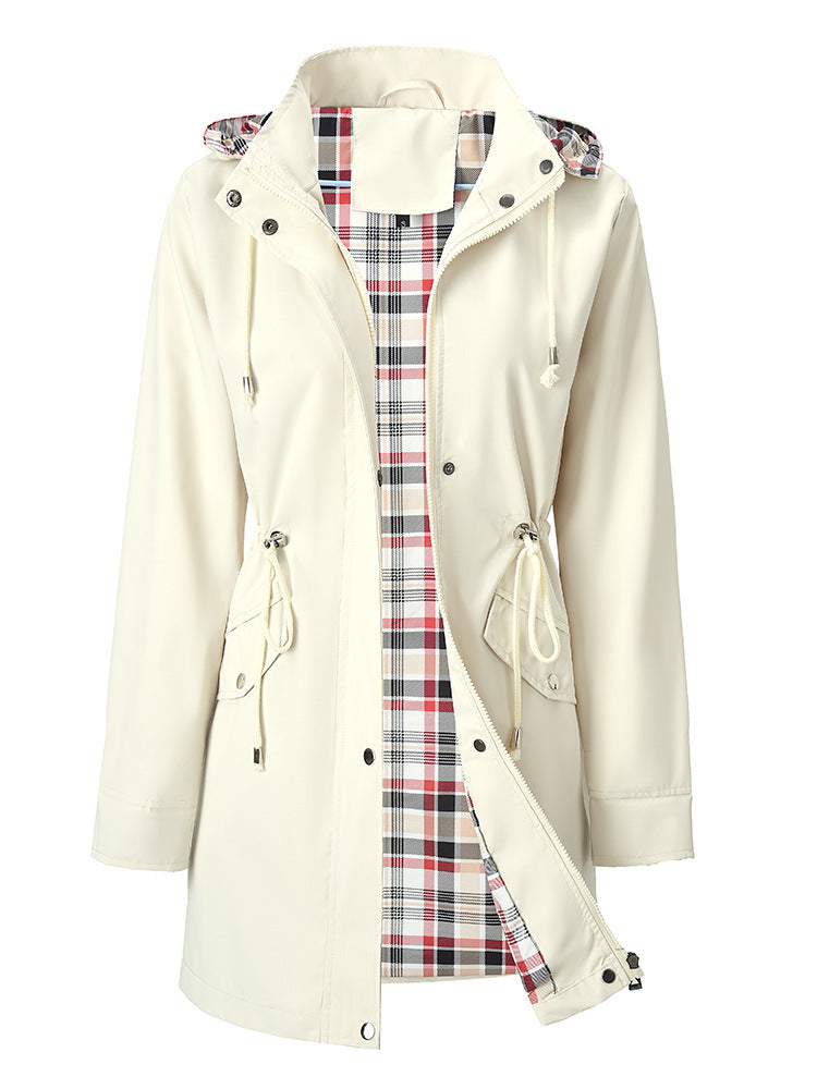 Women’s waterproof windbreaker jacket – white, plaid lining, hooded | 3KDyn