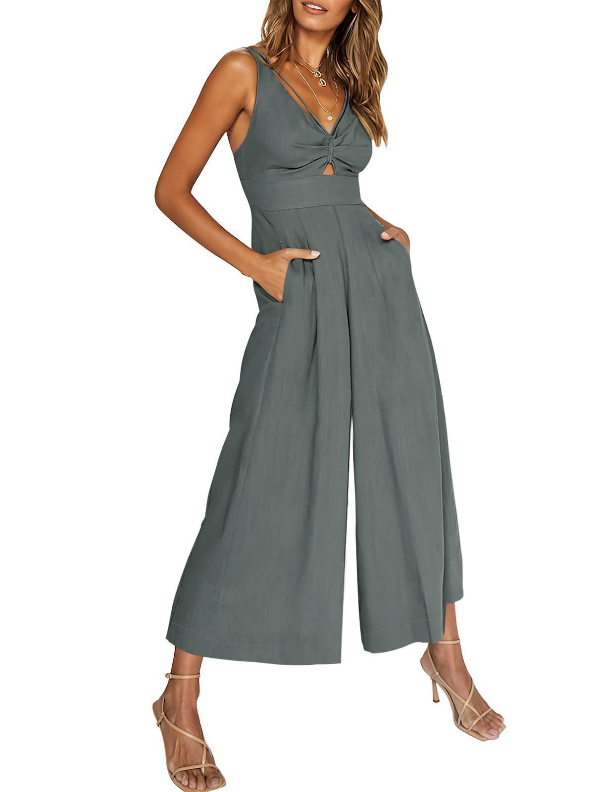 Summer V-Neck Wide-Leg Cotton Linen Jumpsuit - 3KDyn