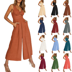 A model wearing a summer v-neck wide-leg jumpsuit in orange, with views of other color options such as blue, white, and green.