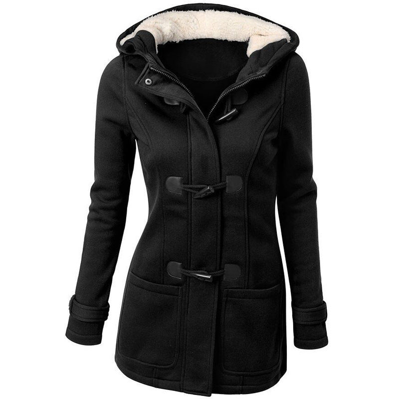 Women's Winter Parka with Fur Collar – Long Horn Button Hooded Coat - 3KDyn