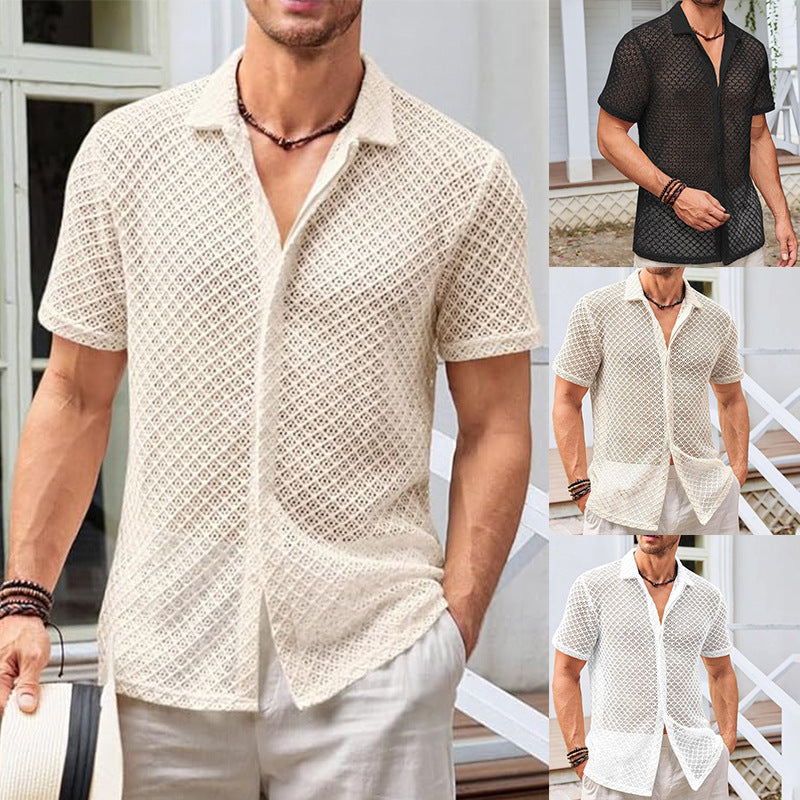 Summer Mesh Short Sleeve Shirt Fashion Solid Color Lapel Shirt Tops Beach Men Clothing - 3KDyn