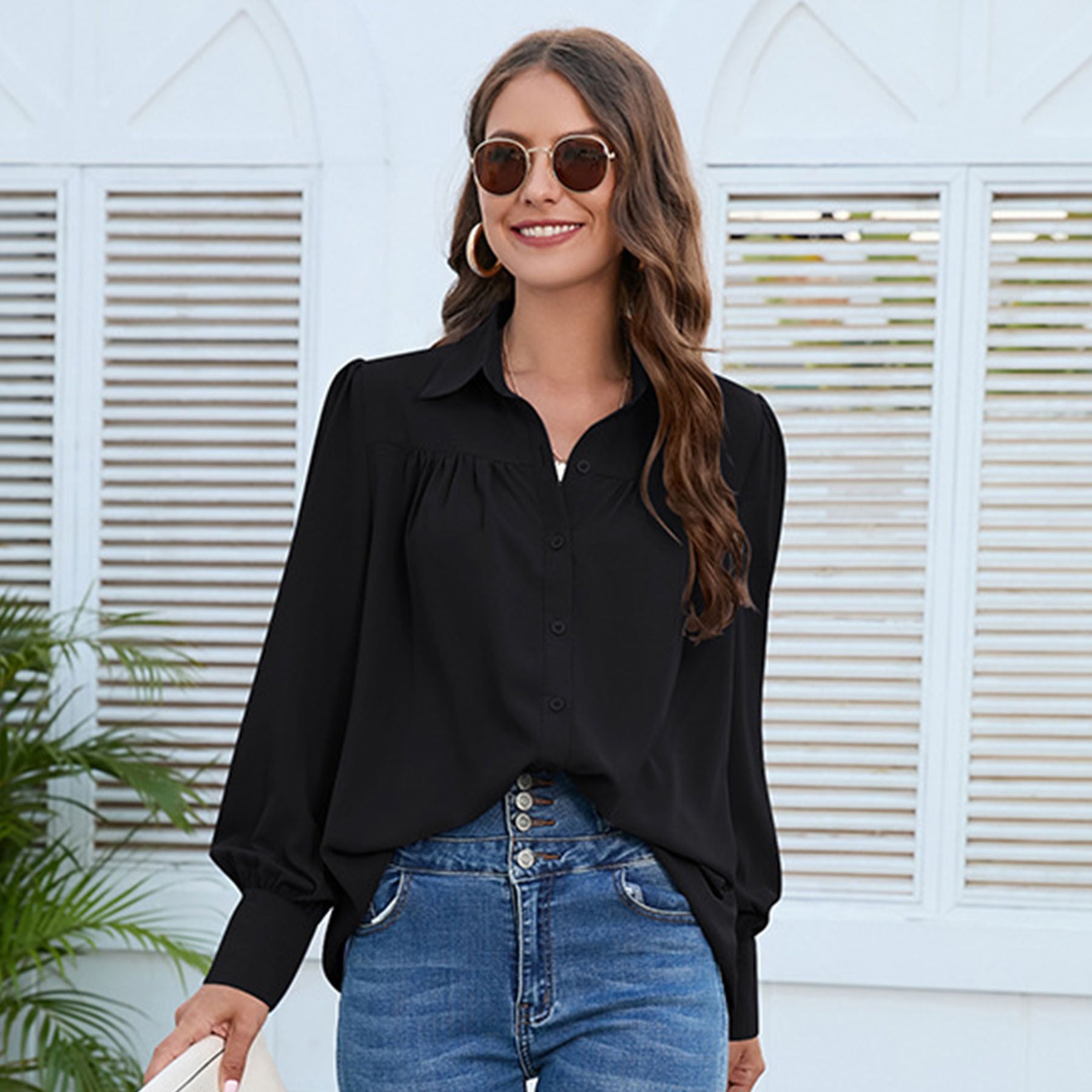 Women's Solid Color Simple Chiffon Pleated Long-sleeved Shirt - 3KDyn
