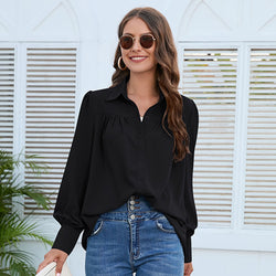 Women's Solid Color Simple Chiffon Pleated Long-sleeved Shirt - 3KDyn
