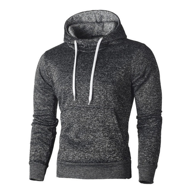 Men’s heather gray pullover hoodie with white drawstrings, front view on a white background.