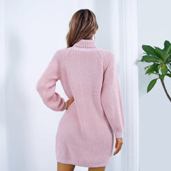Winter Turtleneck Long Sweater Dress With Button Design Leisure Clinch Long Sleeve Base Sweater Women - 3KDyn