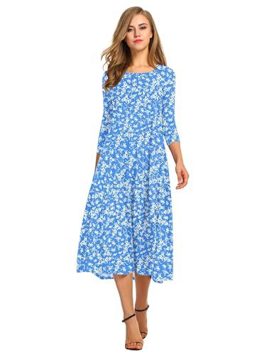 Woman wearing a blue floral dress on a white background