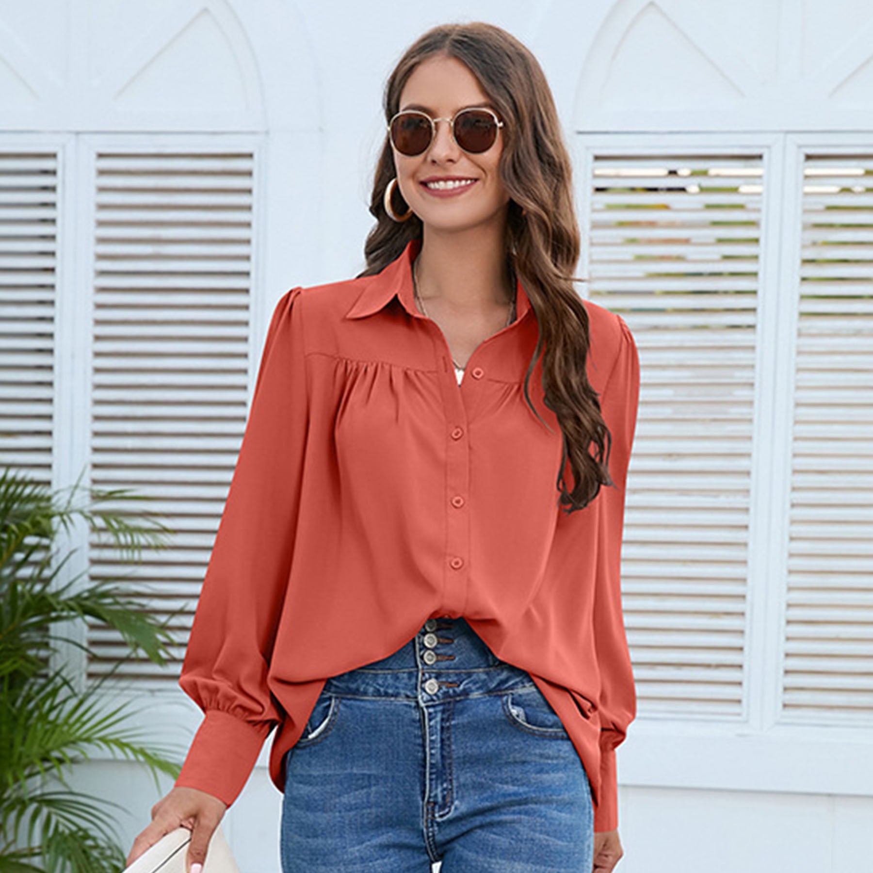 Women's Solid Color Simple Chiffon Pleated Long-sleeved Shirt - 3KDyn