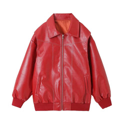 Women's Moto Biker Leather Jacket – Loose Fit, Lapel Collar, Zip-Up, Long Sleeve - 3KDyn