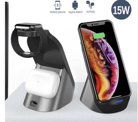 15W Wireless Charger Stand - 3-in-1 Charging Station for Phone, Apple Watch, and AirPods