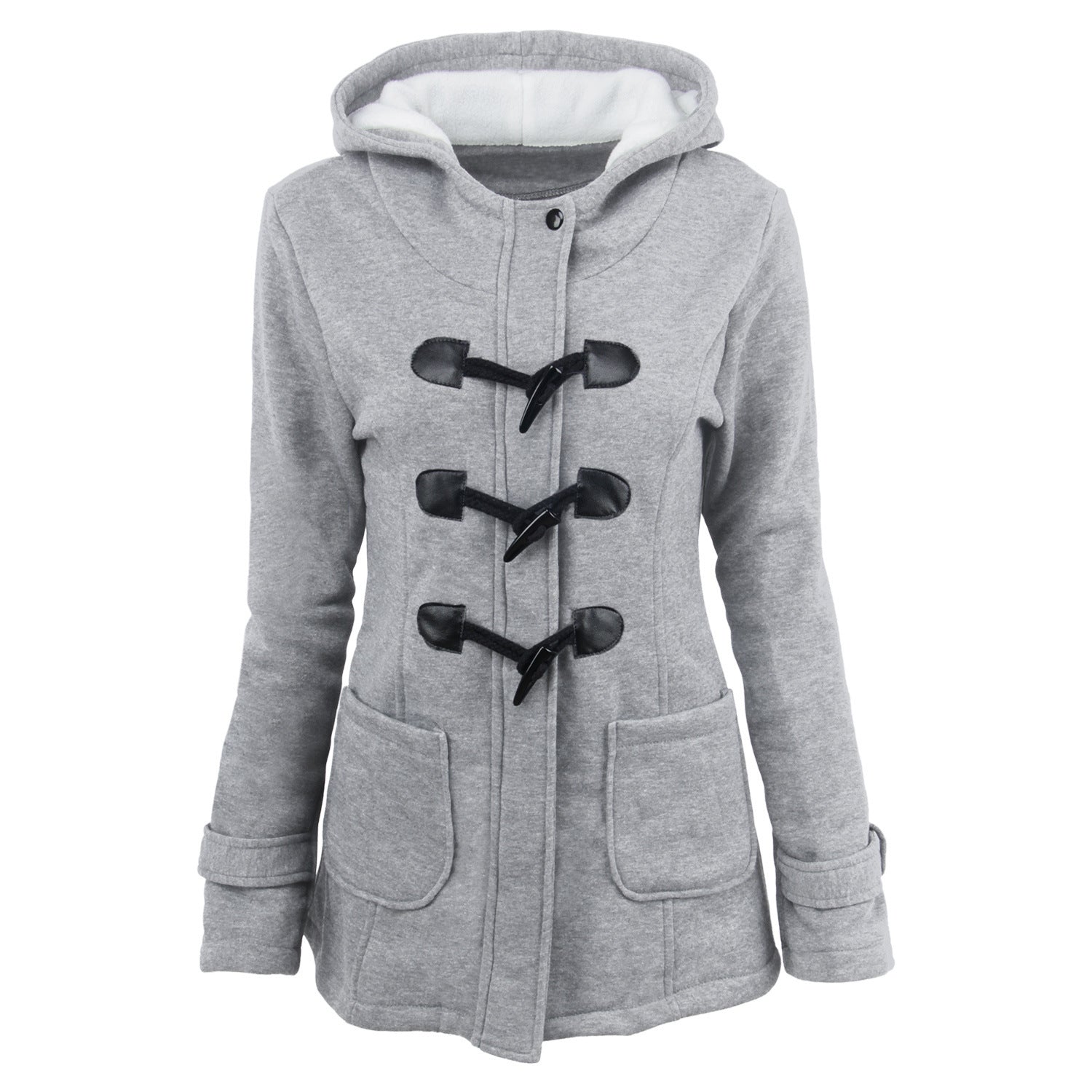 Gray hooded coat with black buttons on a white background