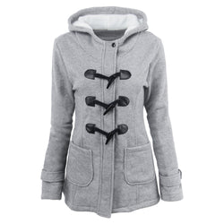 Gray hooded coat with black buttons on a white background