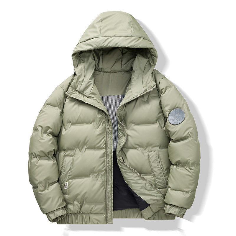 Light green puffer jacket with a hood on a white background