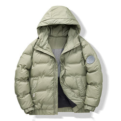 Light green puffer jacket with a hood on a white background