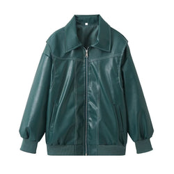 Women's Moto Biker Leather Jacket – Loose Fit, Lapel Collar, Zip-Up, Long Sleeve - 3KDyn