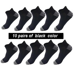10 pairs of black socks with gray accents on a white background