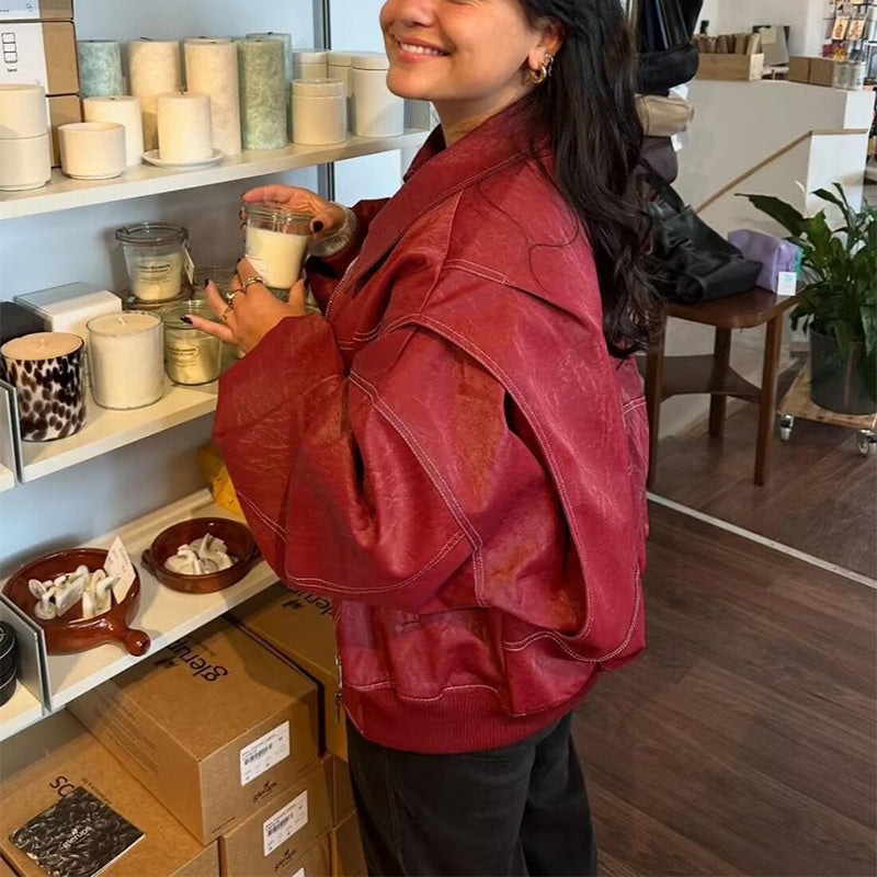 Women's Moto Biker Leather Jacket – Loose Fit, Lapel Collar, Zip-Up, Long Sleeve - 3KDyn