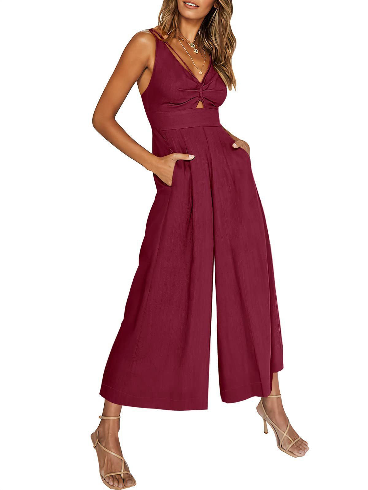 Summer V-Neck Wide-Leg Cotton Linen Jumpsuit - 3KDyn