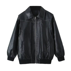 Women's Moto Biker Leather Jacket – Loose Fit, Lapel Collar, Zip-Up, Long Sleeve - 3KDyn