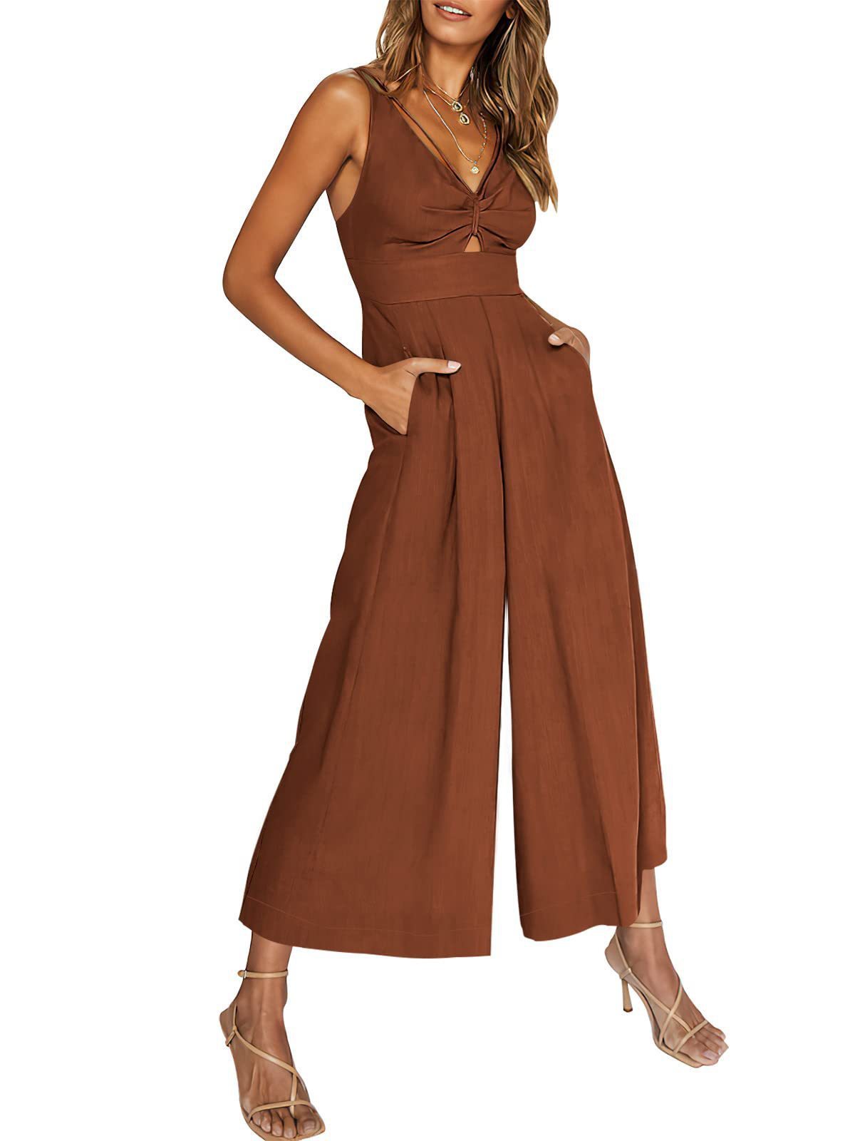 Summer V-Neck Wide-Leg Cotton Linen Jumpsuit - 3KDyn