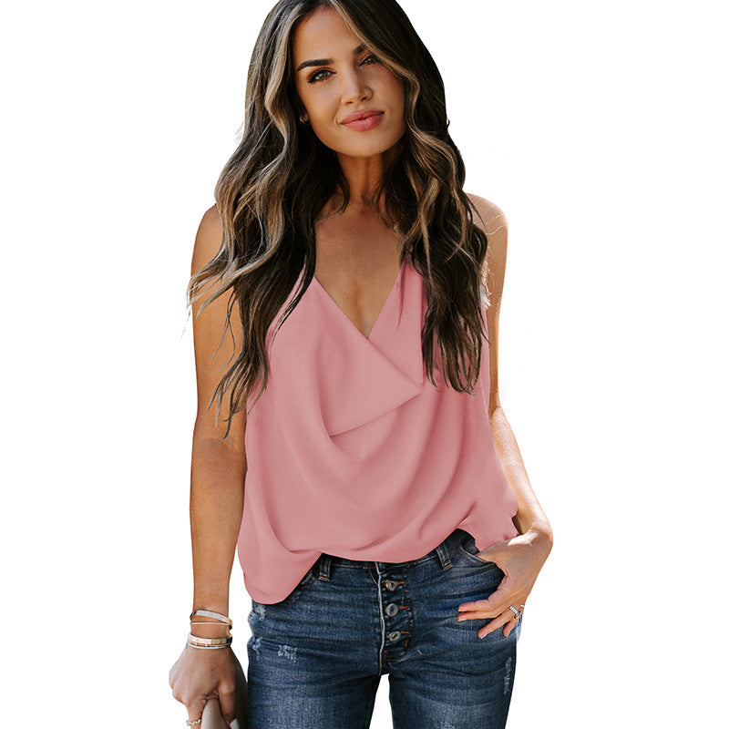 Details of women’s V‑neck chiffon tank—flowy fit, sleeveless, lightweight fabric | 3KDyn