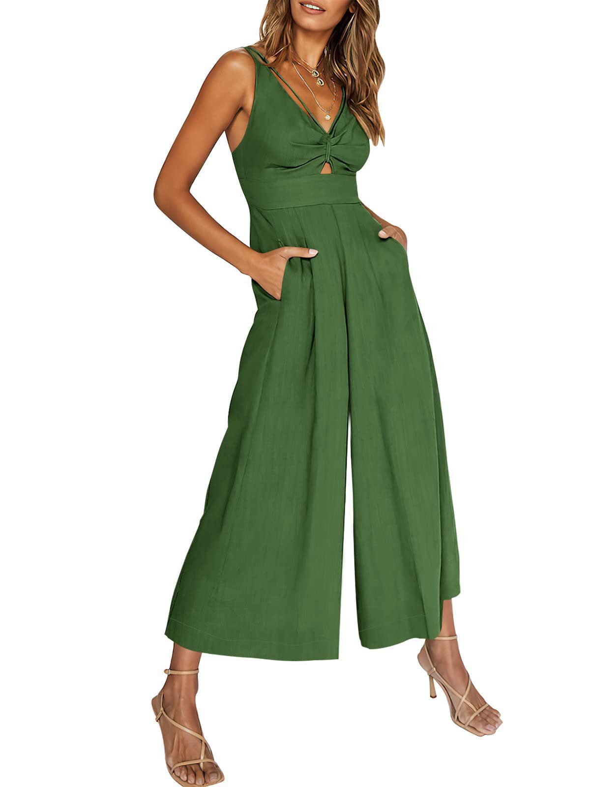 Summer V-Neck Wide-Leg Cotton Linen Jumpsuit - 3KDyn