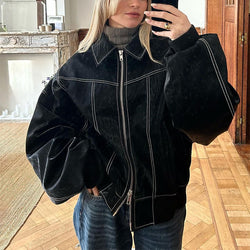 Women's Moto Biker Leather Jacket – Loose Fit, Lapel Collar, Zip-Up, Long Sleeve - 3KDyn