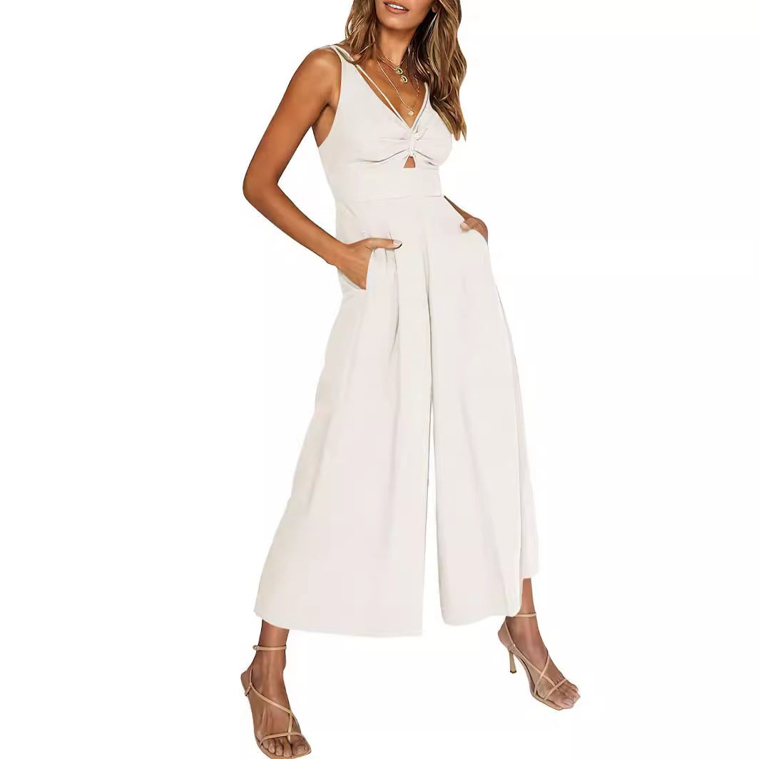 Summer V-Neck Wide-Leg Cotton Linen Jumpsuit - 3KDyn