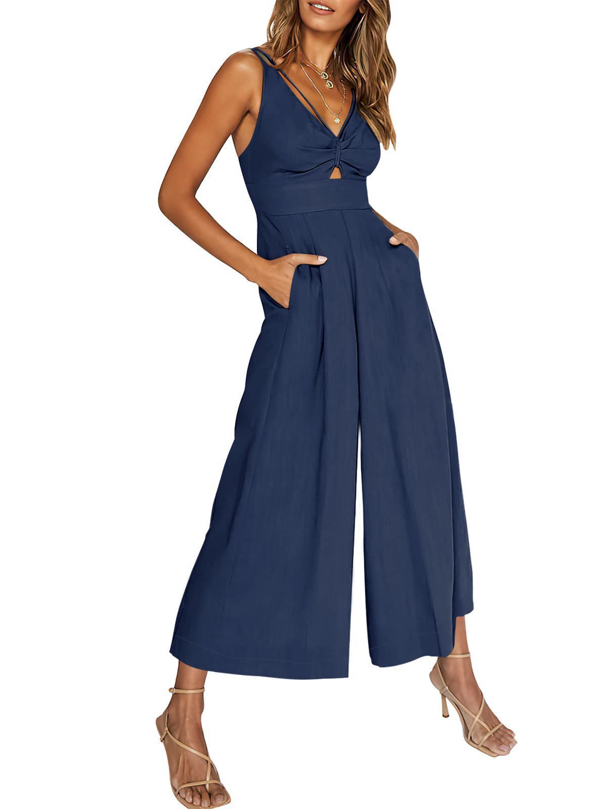 Summer V-Neck Wide-Leg Cotton Linen Jumpsuit - 3KDyn