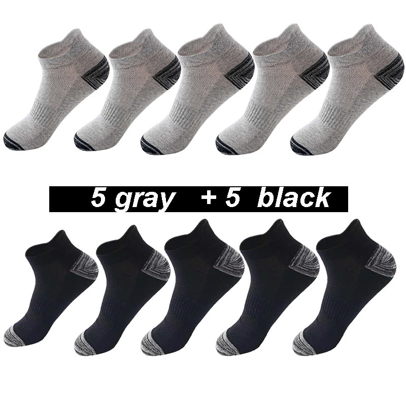 Set of 10 socks with 5 gray and 5 black pairs on a white background
