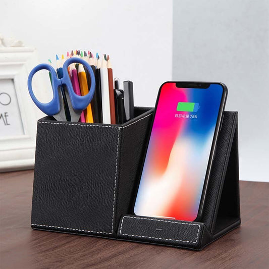 3-in-1 Leather Pen Holder with Wireless Phone Charger - Fast Charging Station for Desk Organization