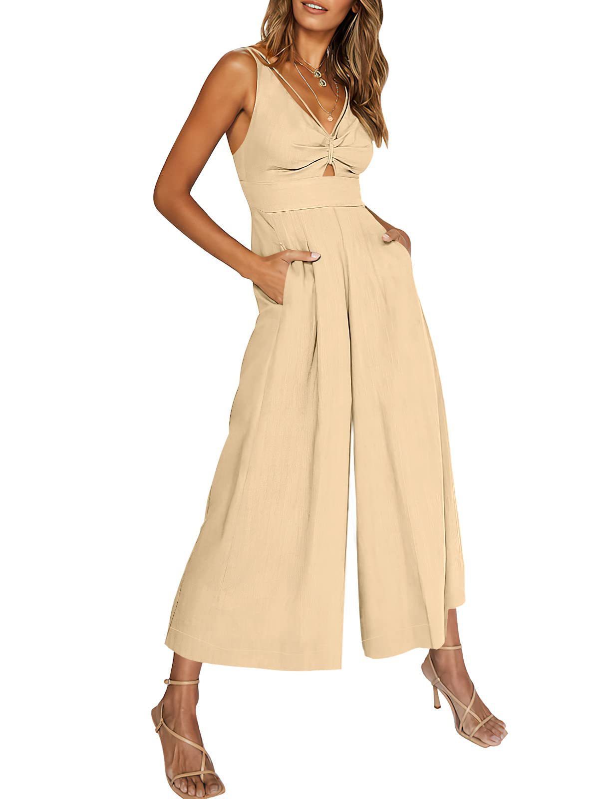 Summer V-Neck Wide-Leg Cotton Linen Jumpsuit - 3KDyn