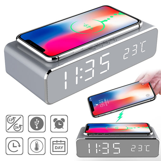 LED Digital Alarm Clock with Wireless Charger, Thermometer, and HD Mirror Display - Modern Desktop Decor