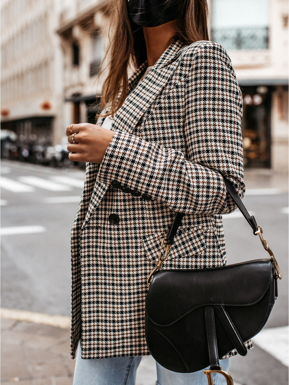 Women’s Plaid Longline Blazer Jacket – Slim Fit, Suit Collar - 3KDyn