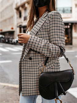 Women’s Plaid Longline Blazer Jacket – Slim Fit, Suit Collar - 3KDyn