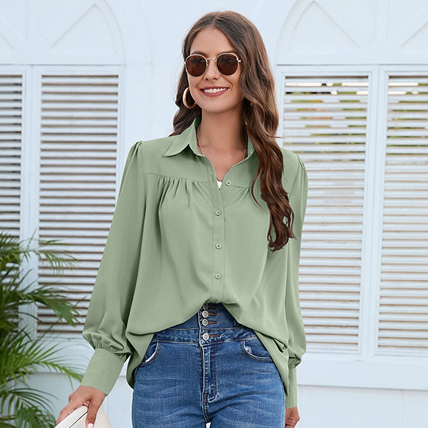 Women's Solid Color Simple Chiffon Pleated Long-sleeved Shirt - 3KDyn