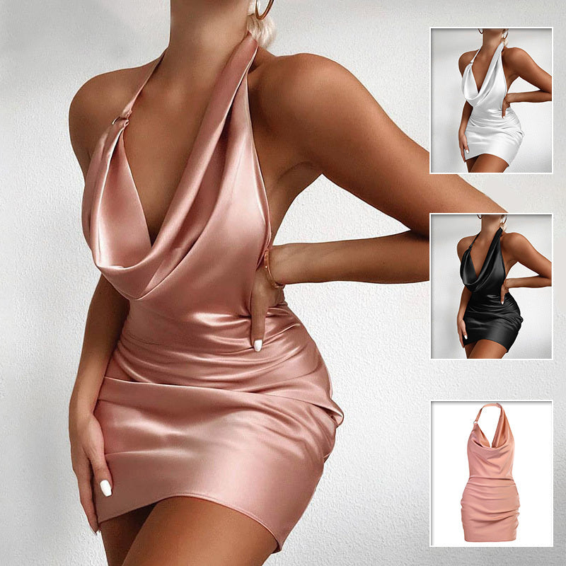 Pink satin dress with close-up insets on a light gray background