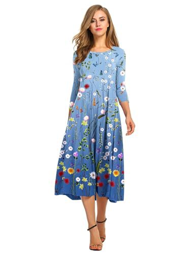 Woman wearing a blue floral dress on a white background