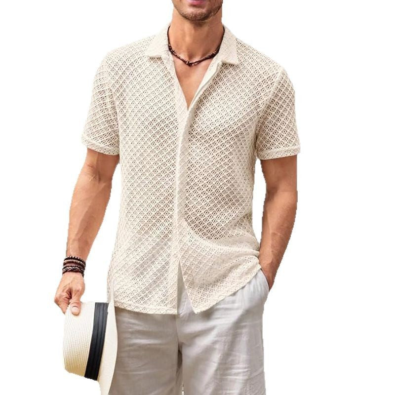 Summer Mesh Short Sleeve Shirt Fashion Solid Color Lapel Shirt Tops Beach Men Clothing - 3KDyn