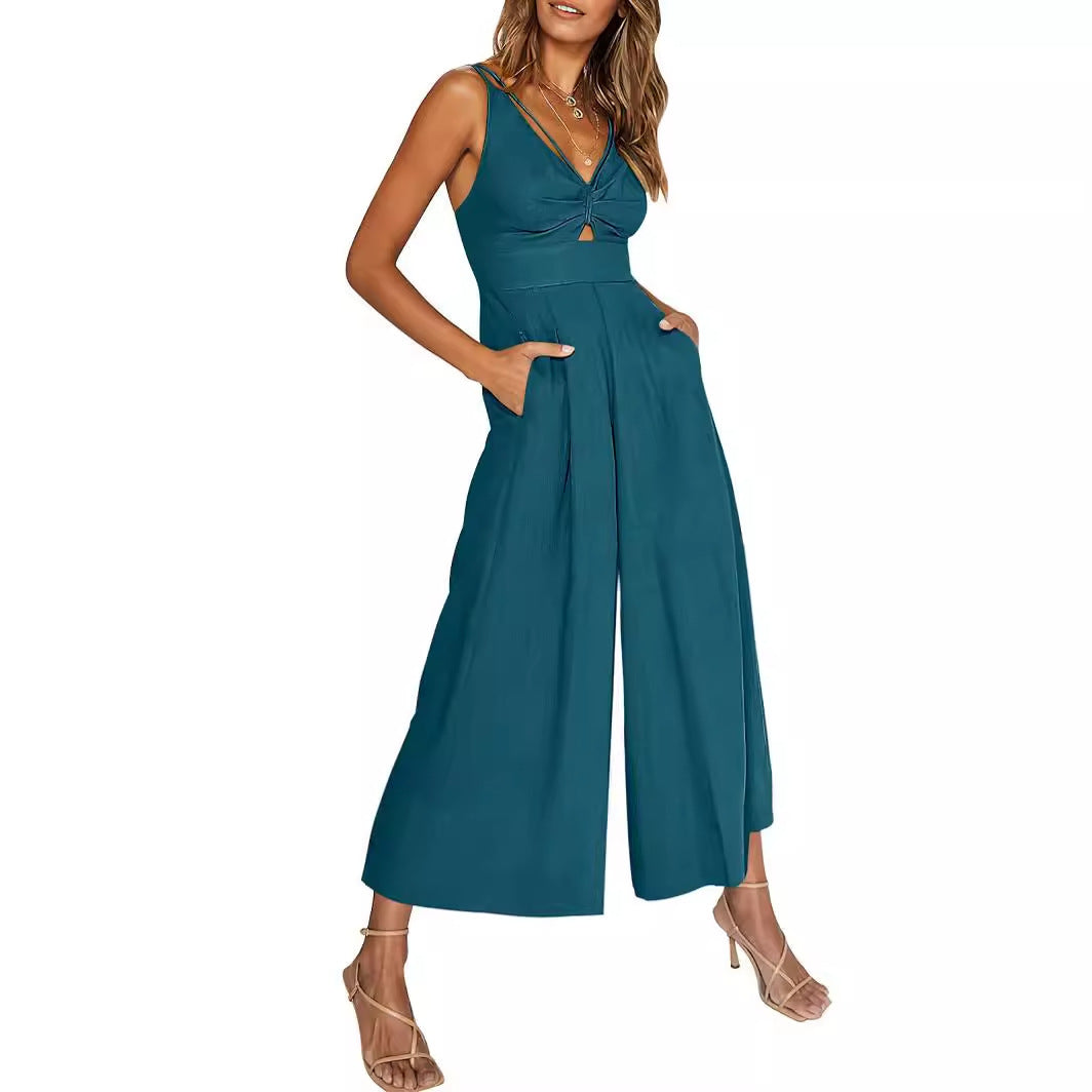 Summer V-Neck Wide-Leg Cotton Linen Jumpsuit - 3KDyn