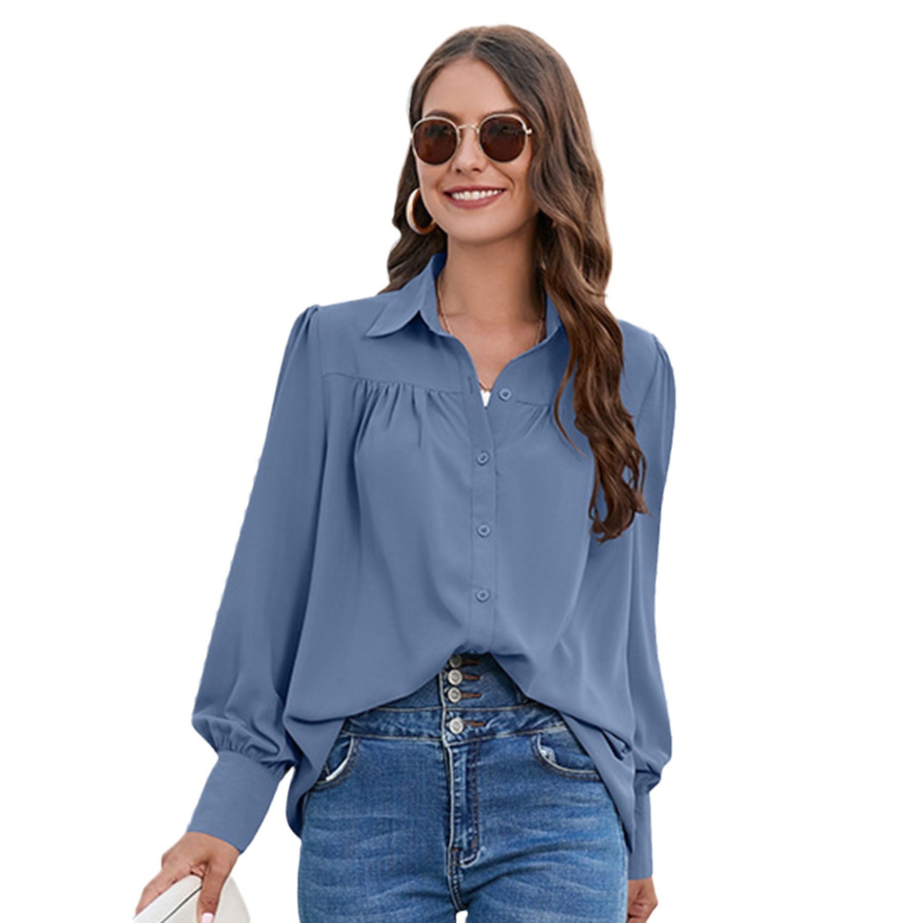 Women's Solid Color Simple Chiffon Pleated Long-sleeved Shirt - 3KDyn