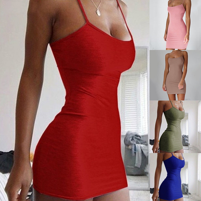 Pure Color Simple Hanging Neck Tight-fitting Hip Skirt - 3KDyn