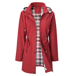 Women’s waterproof windbreaker jacket – red with plaid lining, hooded | 3KDyn