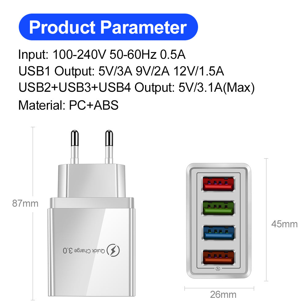 USB Charger Quick Charge 3.0 4 Phone Adapter For Tablet Portable Wall Mobile Charger Fast Charger - 3KDyn