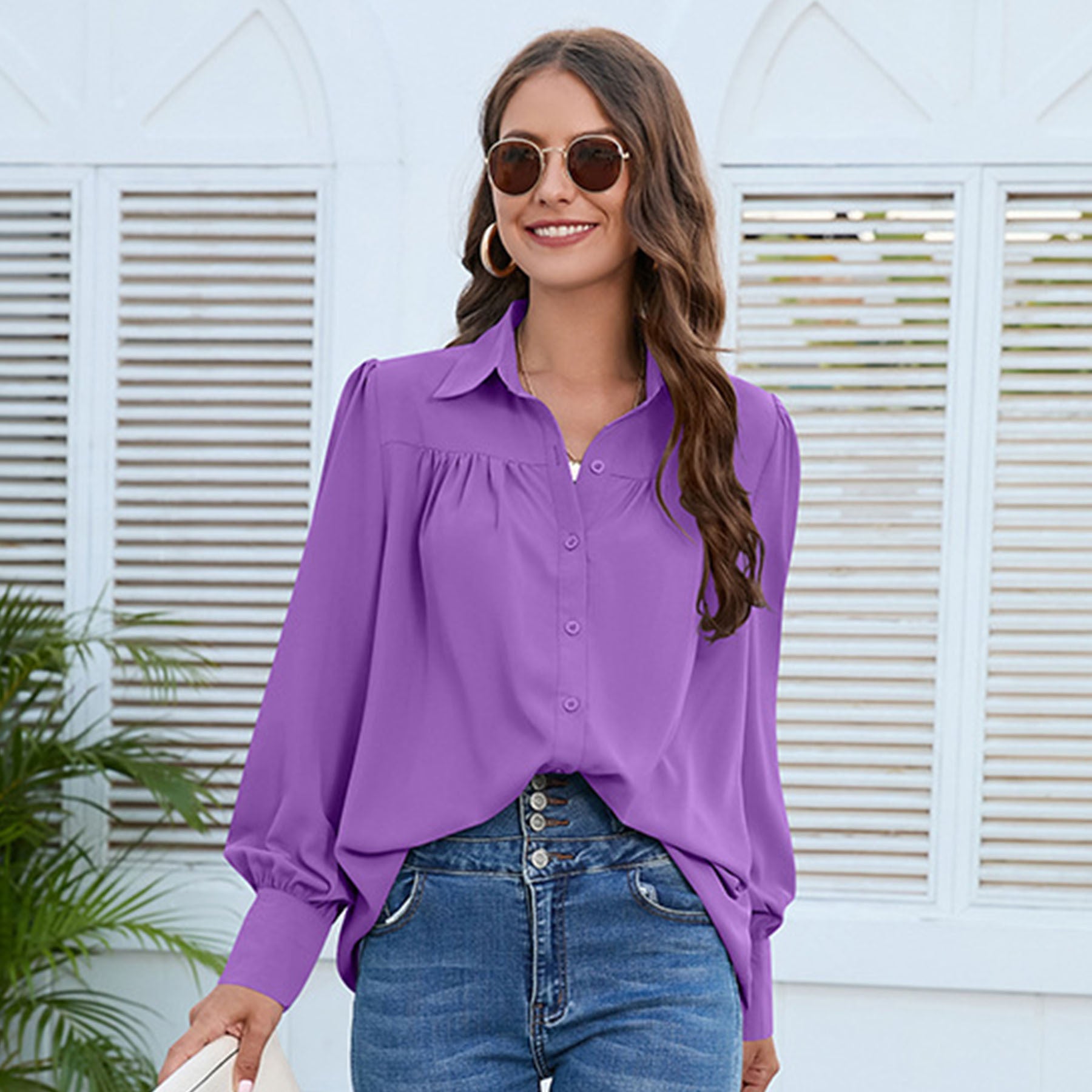 Women's Solid Color Simple Chiffon Pleated Long-sleeved Shirt - 3KDyn