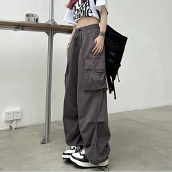 Women Casual Joggers Tech Pants Solid Low Waist Pants Drawstring Wide Leg Baggy Trousers Y2k Streetwear Oversize Sweatpants - 3KDyn